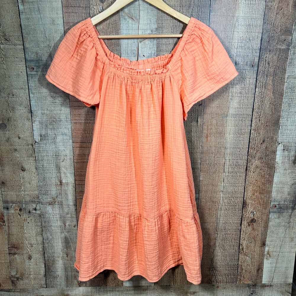 Gap Orange 100% Cotton Gauze Tiered Mini Dress Pockets Boho Summer Size M